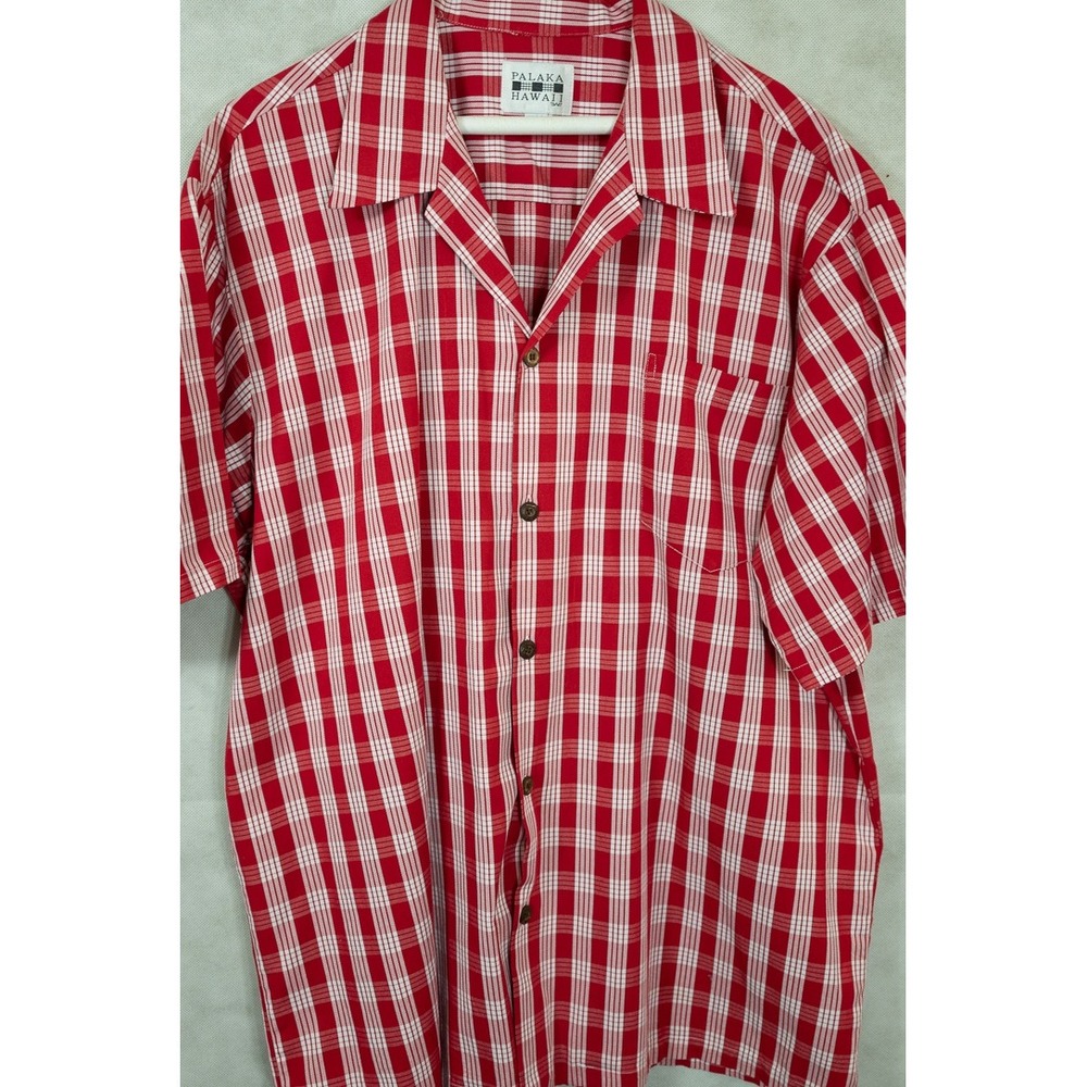 Palaka Hawaii Mens 2X Red White Plaid Short Sleeve Button Up Camp Shirt Aloha